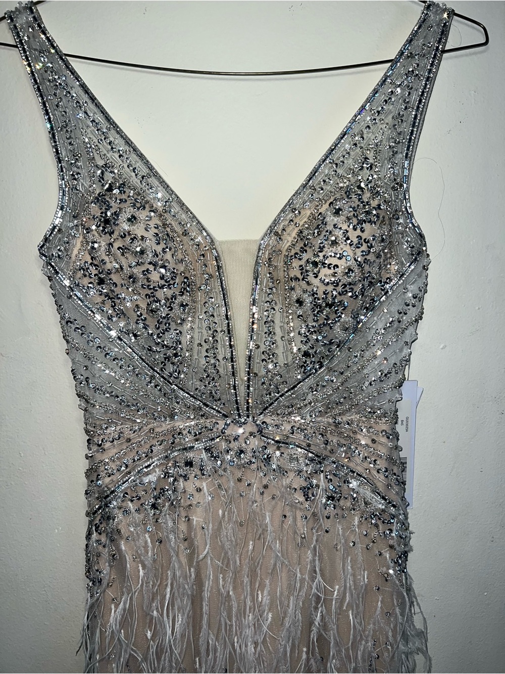 Jovani Silver and Nude Beaded Feather-Trim Prom Dress
